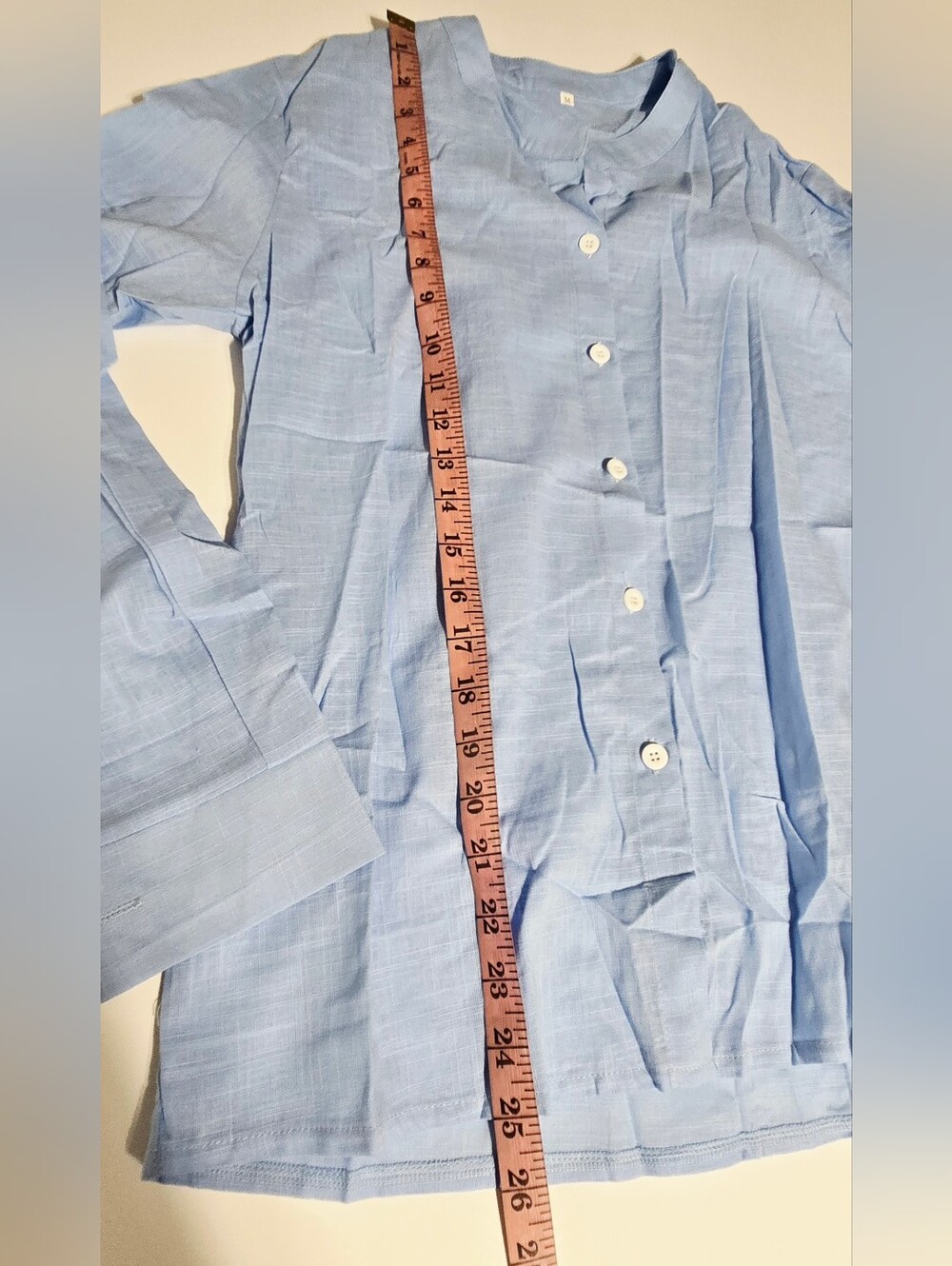 Women’s Light Blue Collarless Button Front Blouse Long Sleeve Size Medium - Picture 4 of 6